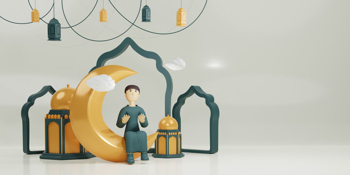 eid mubarak 3d design with a character praying on the moon with a lantern carving