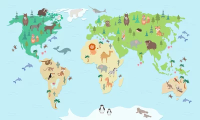 Deurstickers Animals world map for kids. Educational poster or game, for children design. © Kristina