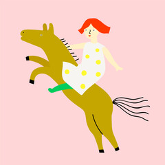 Cute minimalitic girl riding a horse . Funny vector cartoon print for dresses, t-shirt, postcard and etc.