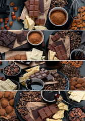 Collage of delicious chocolate bars and pieces on gray background.