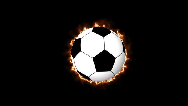 Football with fire on black background used in advertisement.