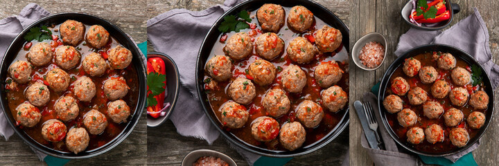Collage of homemade meatballs with tomato sauce.
