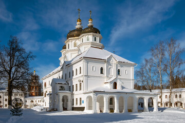 Fototapeta premium Church of Xenia of St. Petersburg in the Nikolo-Solbinsky Monastery, Pereslavsky district, Yaroslavl region on a sunny winter day.