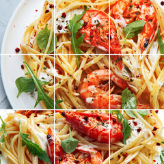 Collage of pasta with shrimps in white sauce. Italian cuisine.