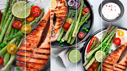 Collage of homemade salmon steaks . Balanced diet.