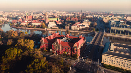 Drone aerial view of Wroclaw, Poland. Marshal Office, National Museum and Tumski spears with cathedral.