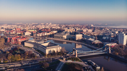 Drone aerial view of Wroclaw, Poland. Grunwaldzki bridge, Marshal Office, National Museum, Manhattan.