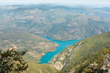 Tara mountain in western Serbia. Viewpoint Biljeska stena. View at river Drina and lake Perucac