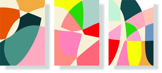 Three Abstract Background Sets Draw by hand into various shapes and object doodles. Trendy modern contemporary vector illustration Every background is isolated in pastel colors with modern frames and 