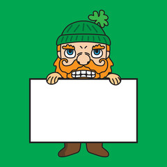 St patrick's dwarf mascot cartoon character illustration holding a whiteboard. perfect for stickers or business announcements.