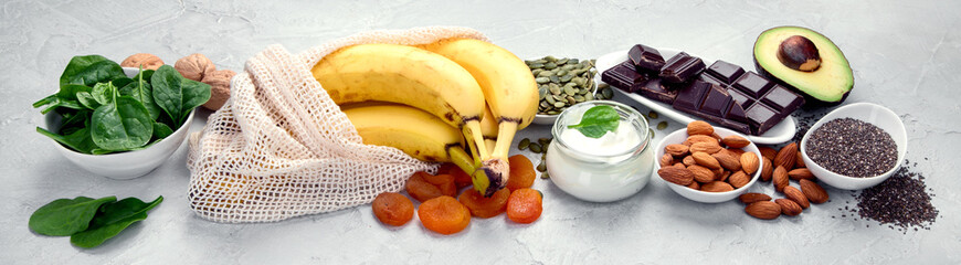 Assortment of products containing magnesium. Healthy diet food.