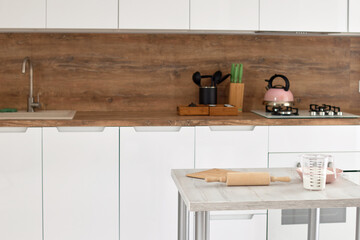 interior of kitchen and dough ingredients