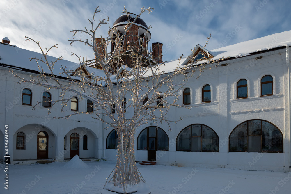 Wall mural on a sunny winter day in nikolo-solbinsky women's monastery, pereslavsky district, yaroslavl region.