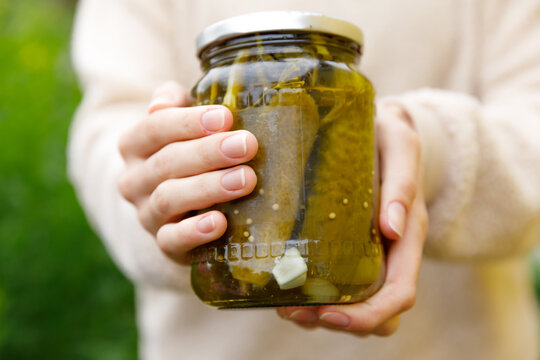 Woman housewife hand holding glass jar of pickled cucumbers. Domestic preparation pickling and canning of vegetables, winter organic food. Healthy fermented homemade food marinated cucumbers in jar.
