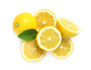Fototapeta na wymiar Fresh cut lemons with leaf on white background, top view