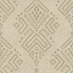 Seamless embossed paper texture for print. High quality illustration. Beige taupe or tan paper texture with embossed abstract ethnic tribal design overlay. Seamless repeat raster jpg pattern swatch.