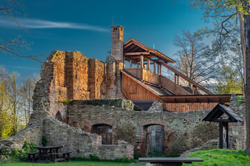 Januv castle over Vizovice town in fresh spring sunny morning