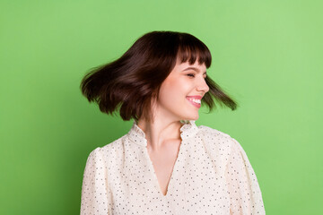 Profile side photo of young attractive girl happy positive smile fly wind hair isolated over green color background