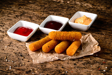 Portion of Mozzarella Sticks on an old wooden table