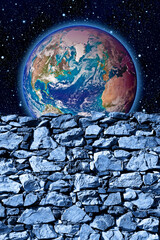 Behind a stone wall you can see the world - freedom concept image.