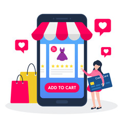 Fototapeta na wymiar Woman holding a credit card and looking for product in digital store with mobile. Creative concept of online shopping or e-commerce. Trendy cute cartoon vector illustration. Flat style graphic design.