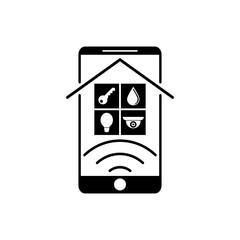 Mobile smart home concept and icons. Template design with smartphone and house. Vector clipart and drawing. Black and white isolated illustration.