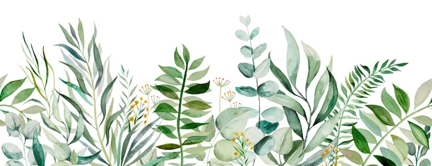 Poster Watercolor botanical leaves seamless border illustration © katrinshine