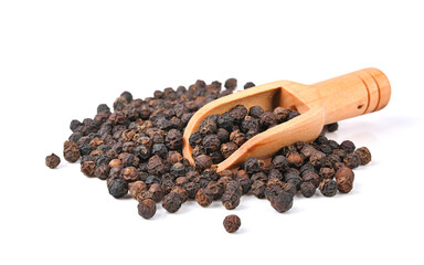 black pepper in wooden scoop isolated on white background