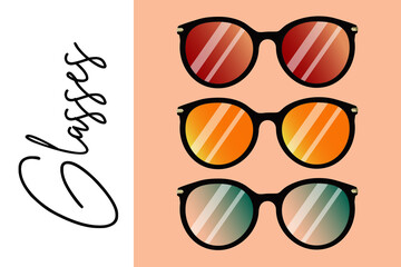 Set of multi-colored sunglasses with a modern shape in a black frame. Summer vector illustration, eps10