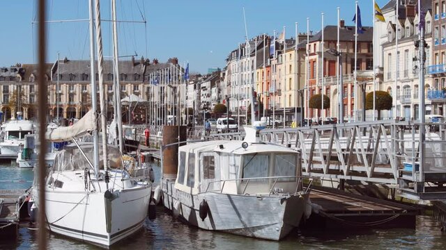 DIEPPE, FRANCE - APRIL 26, 2021: White yachts stand in the port of Dieppe