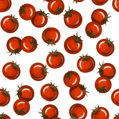 Seamless background with fresh cherry tomatoes painted with watercolors. Bright juicy vegetables. 