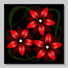 Abstract composition with red flowers on a black background.  Wall art, poster design. 
