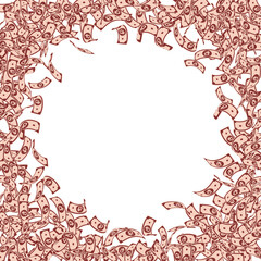 Russian ruble notes falling. Small RUB bills on wh