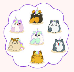Character cartoon cat vector set pastel color with line cut.