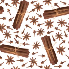 Seamless pattern with spices: cloves, star anise, cinnamon sticks on white. Christmas and New Year theme. Hand drawn holiday clipart. background for fabric, textile, wrapping, food banner, menu