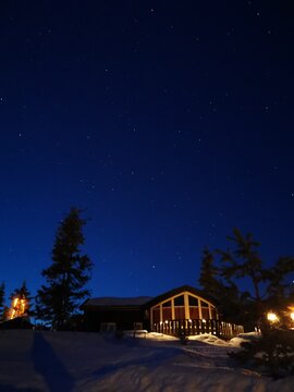 House In The Night In Kvitfjell Gudbrandsdal Norway Faavang Fåvang