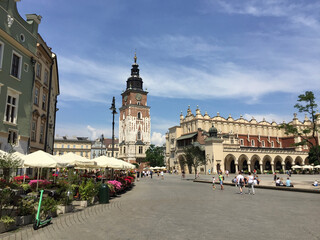 The Cloth Hall and the Town Hall Tower in Krakow's Main Square (Polish: Rynek Główny). Dating...
