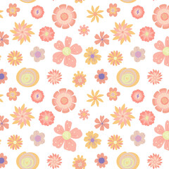 Vector floral pattern in doodle style with flowers and leaves. Gentle, spring floral background. Cute childish print. Vector illustration in Scandinavian decorative style.

