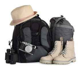 Set of camping equipment for tourist on white background