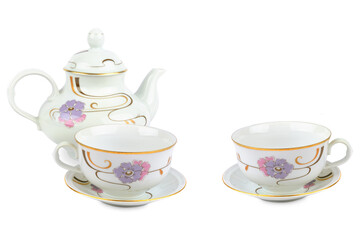 Ceramic teapot and two tea cups isolated on white background. Free space for text.