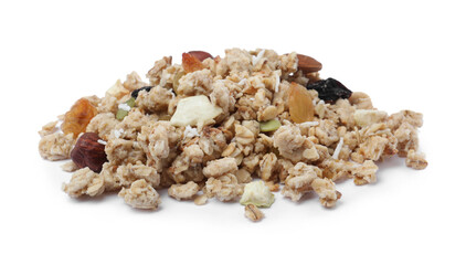 Pile of granola on white background. Healthy snack