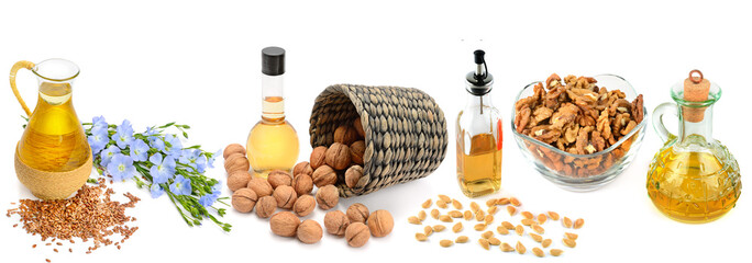 oils from walnut, flax seeds and pumpkin seeds isolated on white background. Collage.