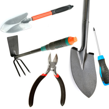 A set of tools for home and garden work isolated on a white . Collage.