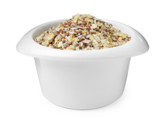 Granola in bowl on white background. Healthy snack