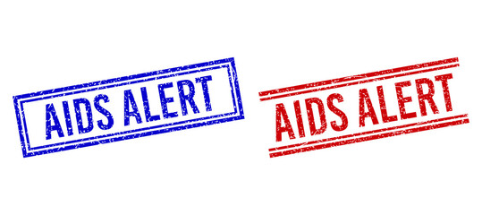 AIDS ALERT stamp overlays with grunge effect. Vectors designed with double lines, in blue and red variants. Label placed inside double rectangle frame and parallel lines.