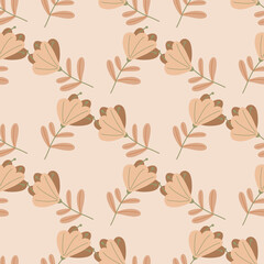 Geometric style seamless pattern with hand drawn beige colored simple flowers print. Floral print.