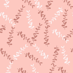 Random eucalyptus leaf branches seamless pattern. Hand drawn botanic style. Pink pastel background.