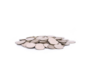 a pile of currency coins Investment, savings and profits business ideas isolated on white background
