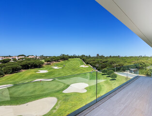 Beautiful view of Green Golf course landscape from luxury Balcony , 