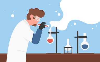 Chemical laboratory experiment, science research, education concept vector illustration. Cartoon chemist scientist character in protective mask holding lab test tube, researcher working background